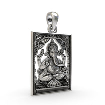 Close-up detail of the 925 silver Ganesh Ji frame pendant, showcasing the antique oxidized texture and fine silverwork.