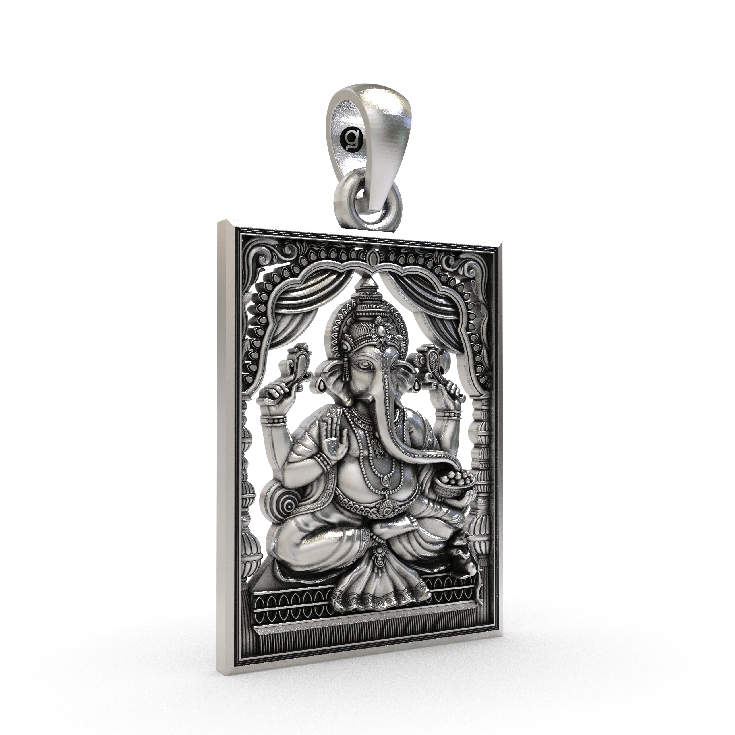 Close-up detail of the 925 silver Ganesh Ji frame pendant, showcasing the antique oxidized texture and fine silverwork.