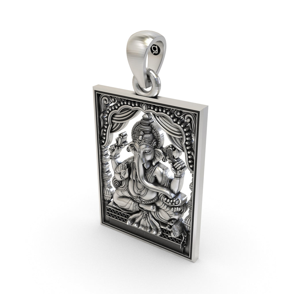 Side profile of the silver Ganesh Ji pendant, displaying its 3D design and lightweight hollow back for comfortable wear.
