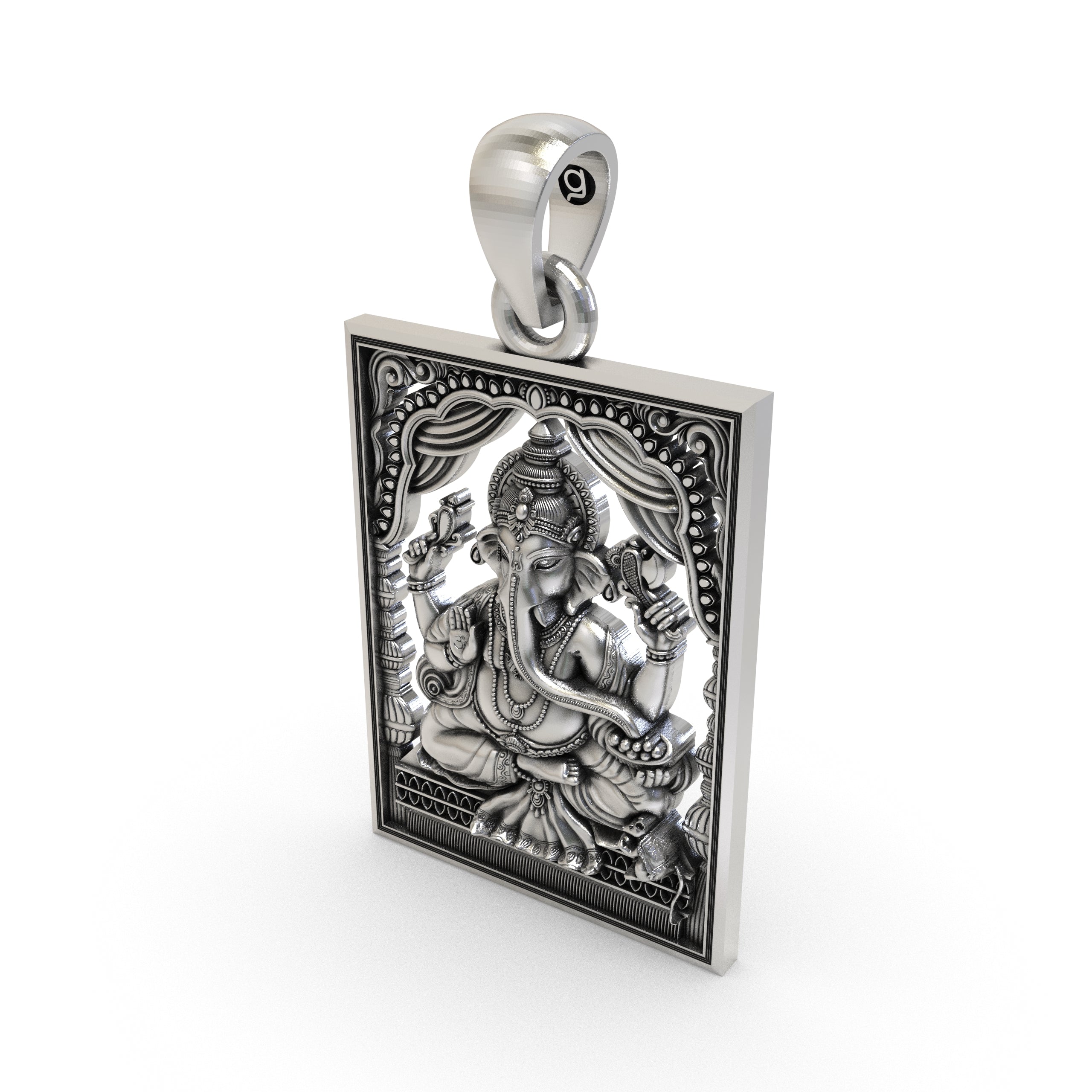 Side profile of the silver Ganesh Ji pendant, displaying its 3D design and lightweight hollow back for comfortable wear.