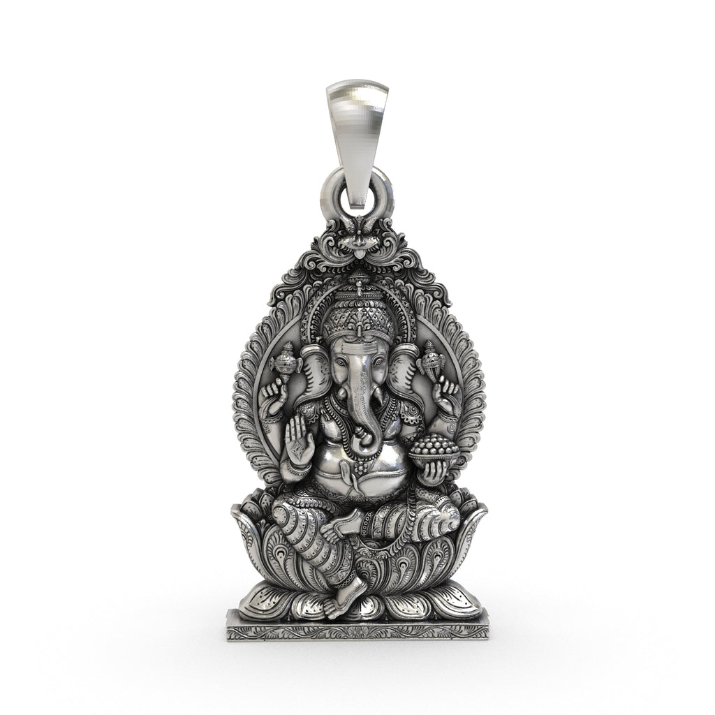 Front view of a detailed 925 sterling silver Ganpati pendant with an antique oxidized finish on a white background.