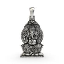 Front view of a detailed 925 sterling silver Ganpati pendant with an antique oxidized finish on a white background.