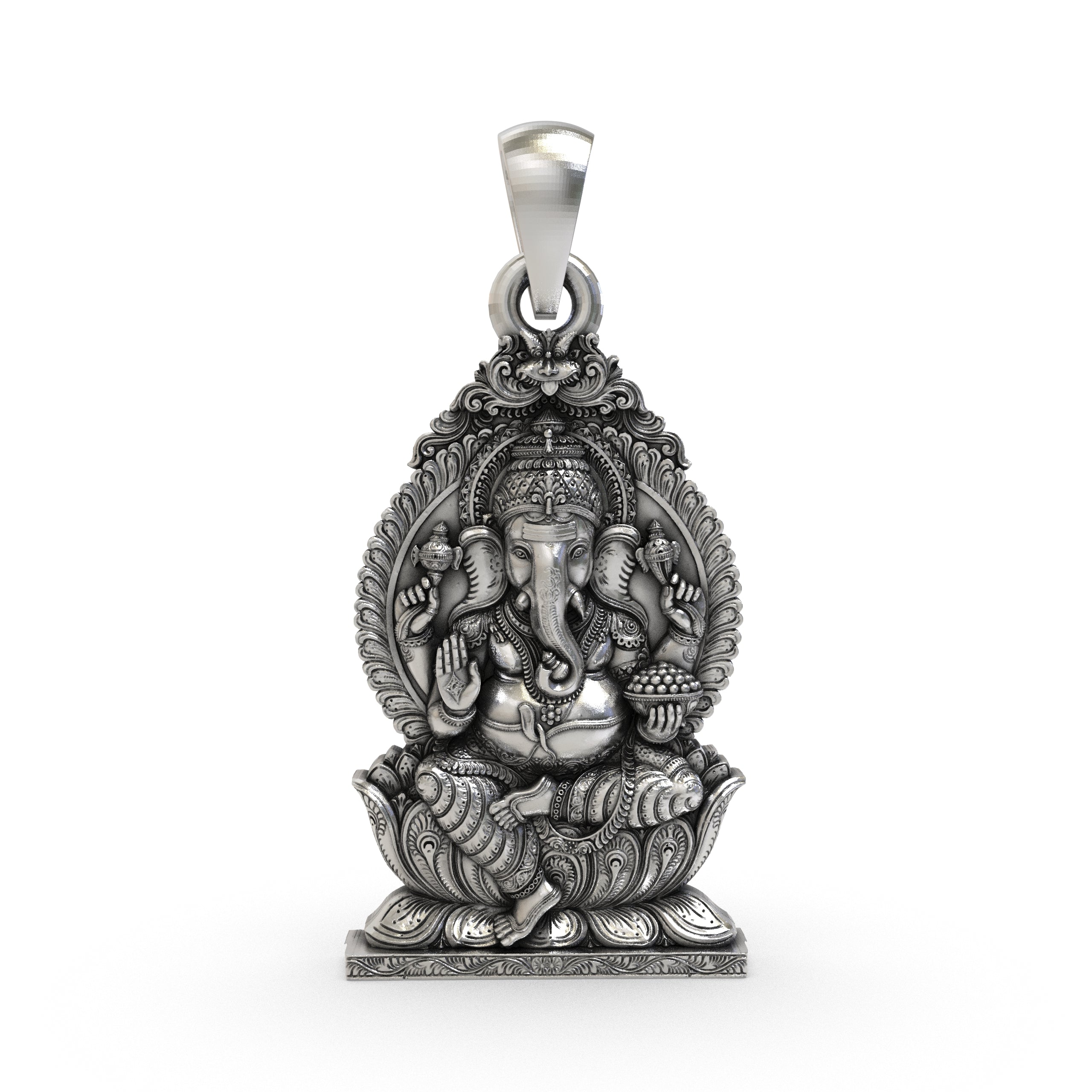 Front view of a detailed 925 sterling silver Ganpati pendant with an antique oxidized finish on a white background.