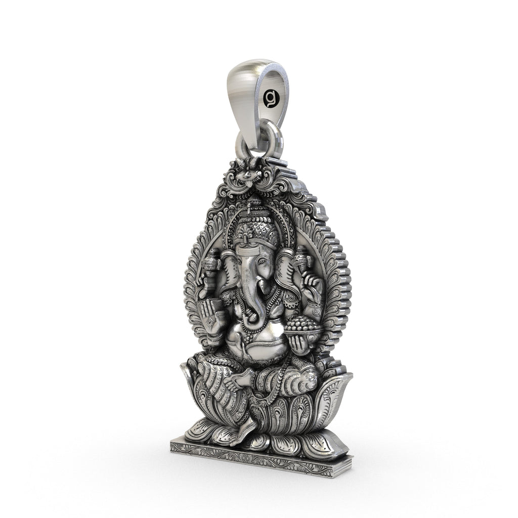 Angled view showing the intricate craftsmanship of the sterling silver Lord Ganesha pendant for men and women.