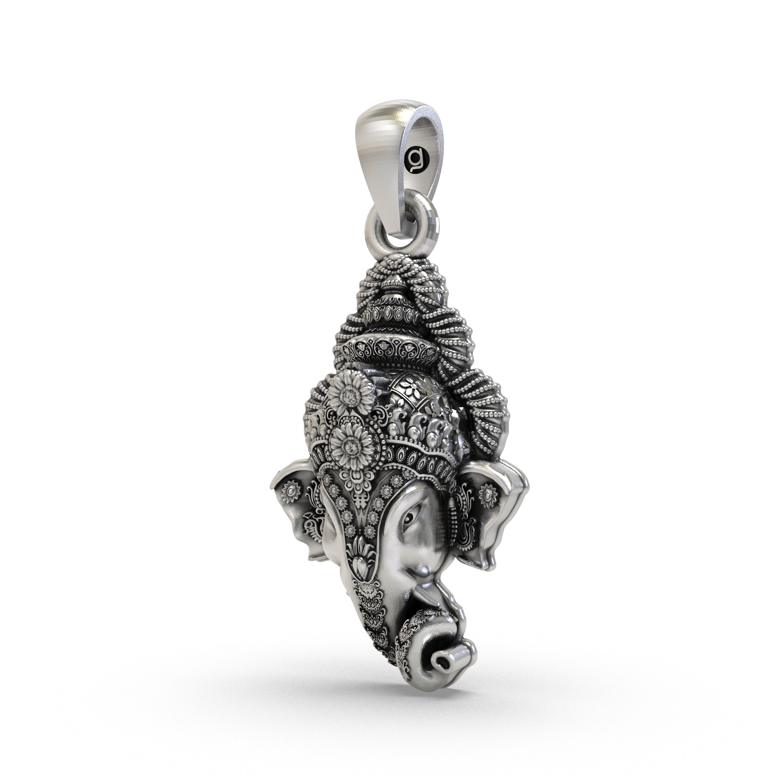 Close-up detail of a handcrafted 925 silver Lord Ganesha head pendant, showing the intricate carving and oxidized finish.