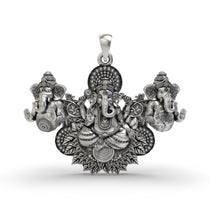 Front view of the oversized 925 silver Three Ganesha Pendant showing the intricate details of each deity.