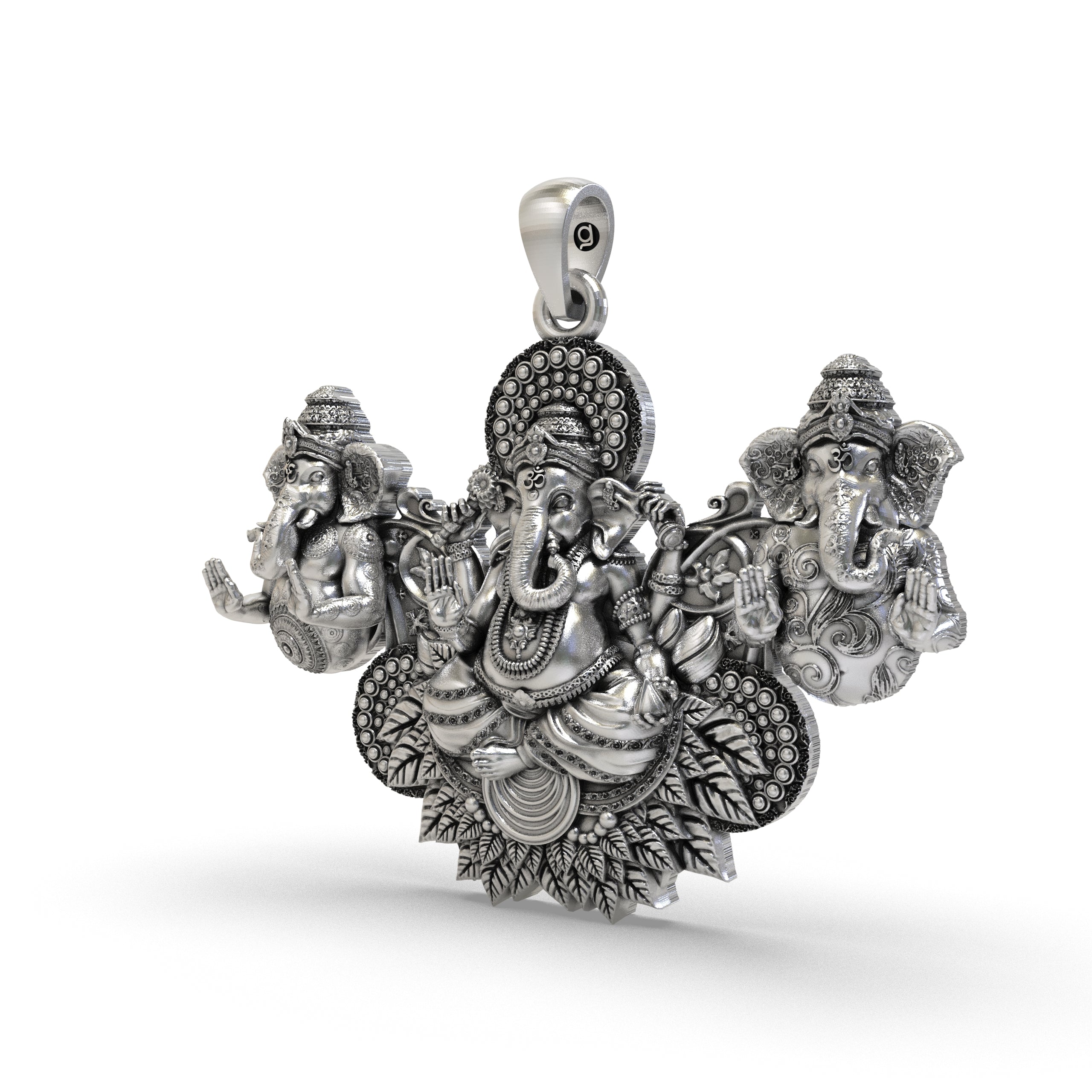 A close-up angled shot of the Three Ganesha Pendant, highlighting the oxidized 925 silver finish and craftsmanship.