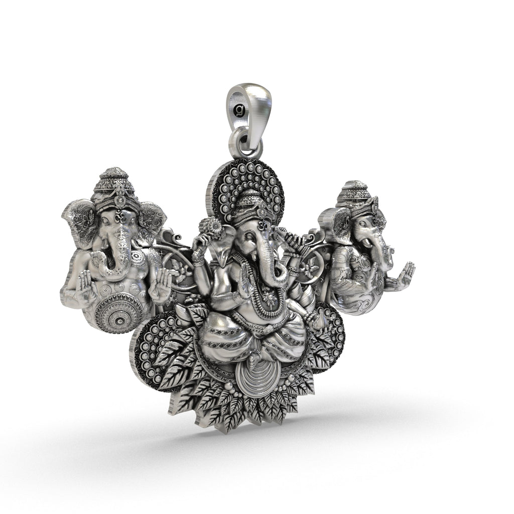 Side profile of the 925 sterling silver Three Ganesha Pendant, showcasing its bold dimensions and hollow back design.