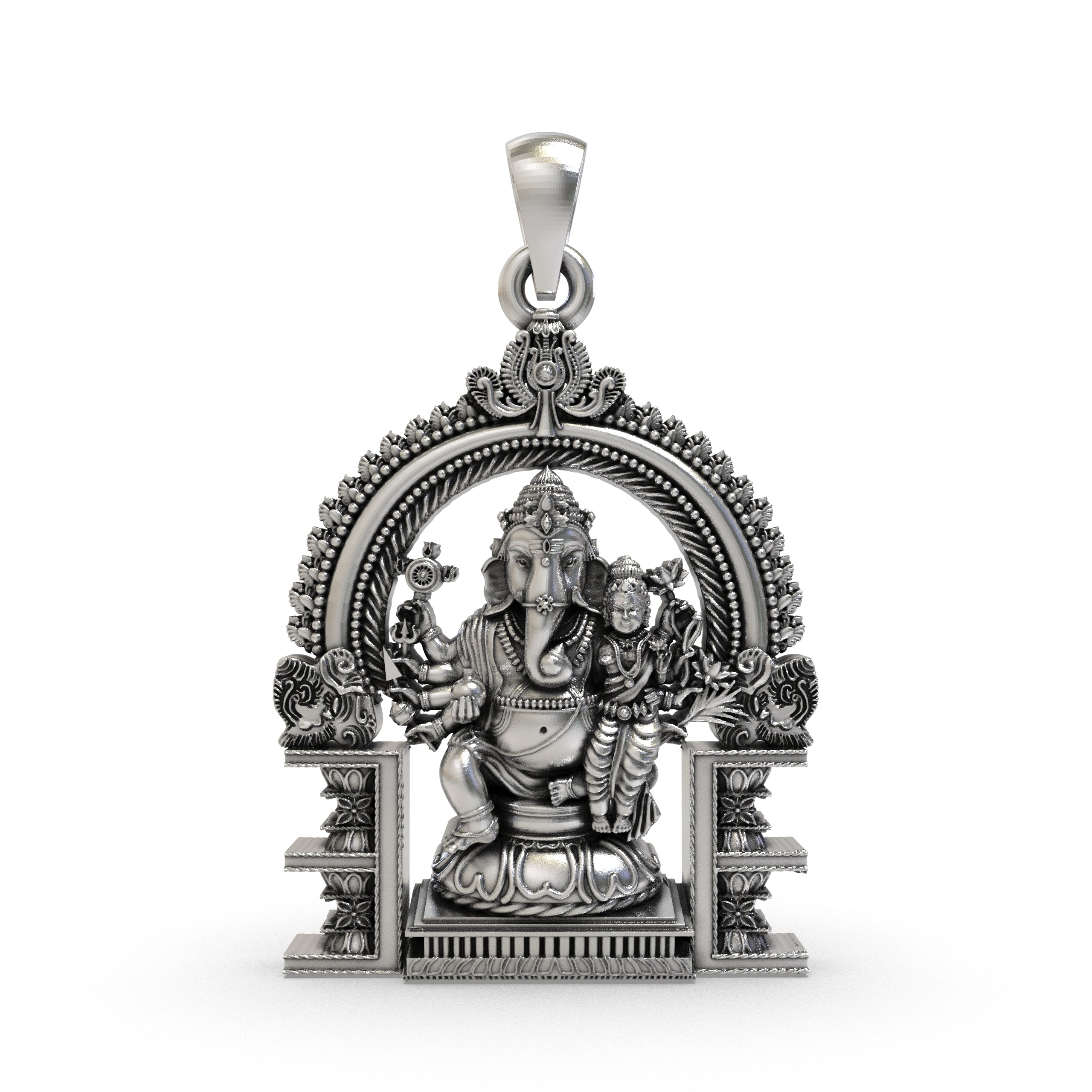 Front view of the handcrafted 925 Silver Vallabha Ganapathi Pendant, showcasing its intricate tantric Ganesha design.