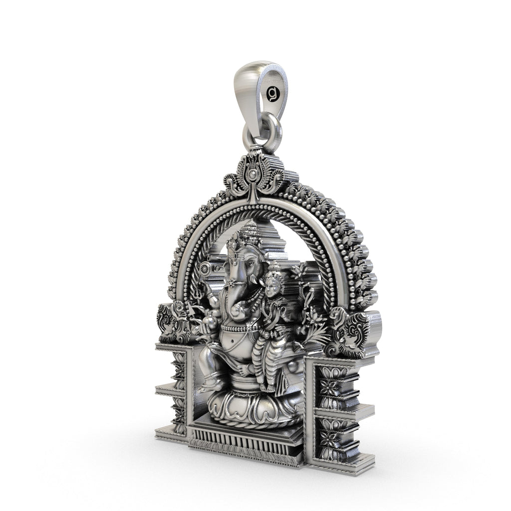 Angled side view of the 925 Silver Vallabha Ganapathi Pendant, highlighting the depth of the oxidized finish.