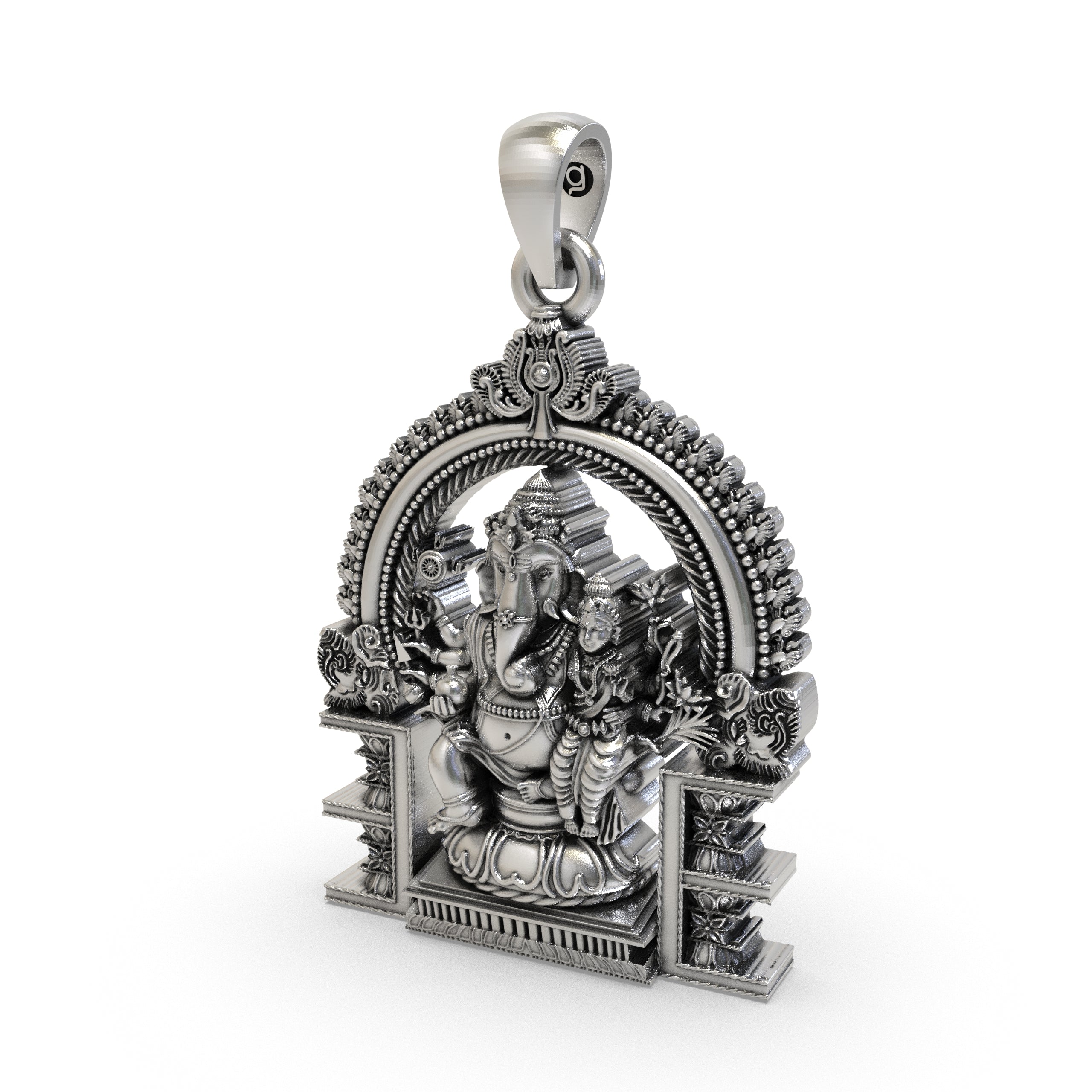 The 925 Silver Vallabha Ganapathi Pendant on a surface, revealing its polished oxidized sheen and unique spiritual appeal.