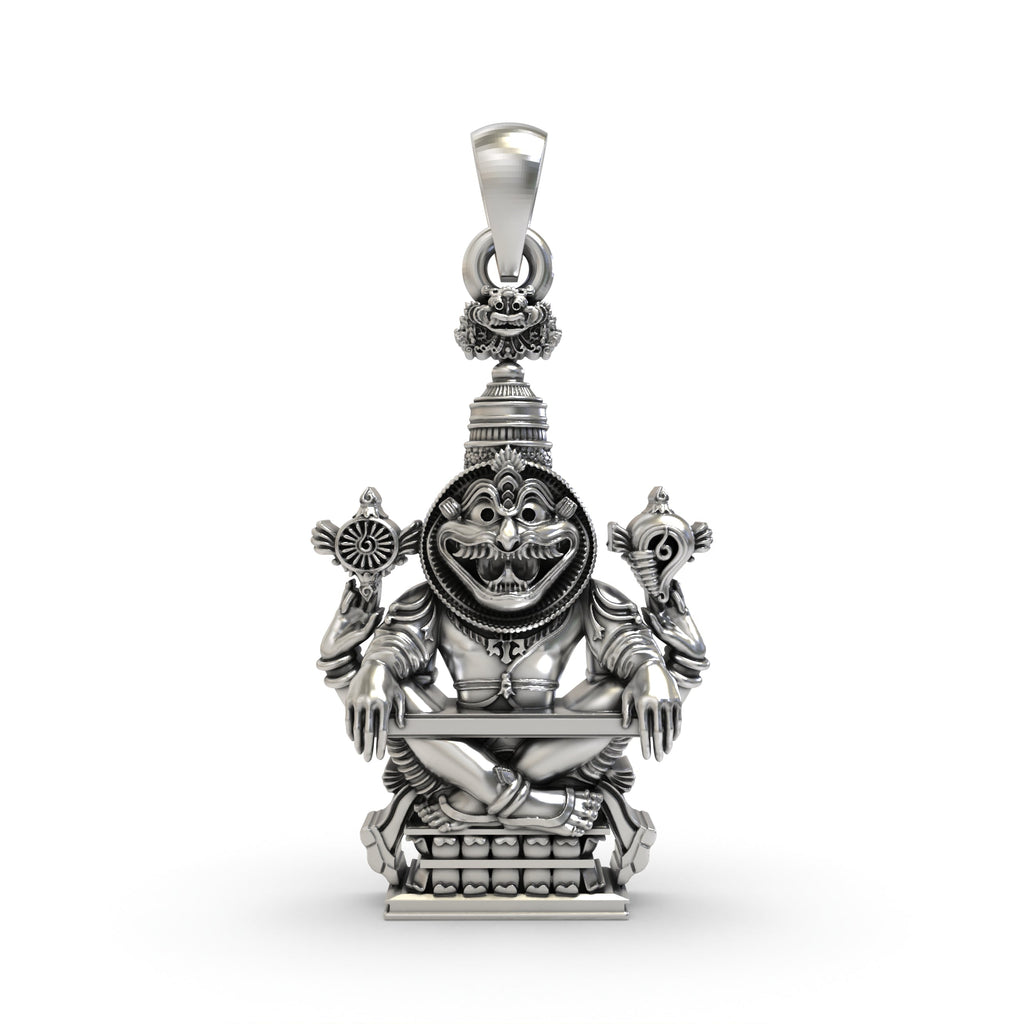 Front view of the intricately detailed Lord Narasimha mantra pendant, handcrafted from oxidized 925 sterling silver.