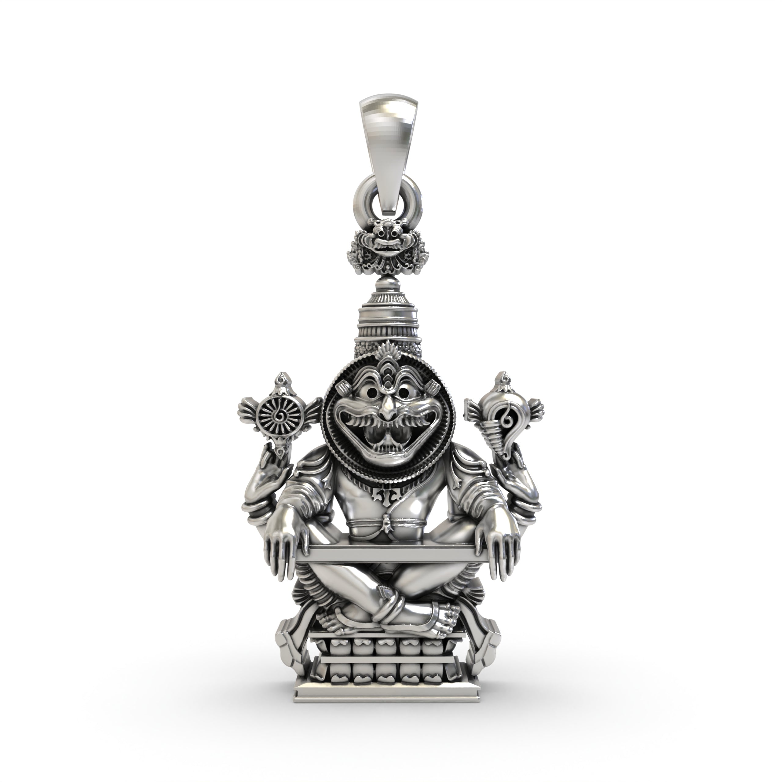 Front view of the intricately detailed Lord Narasimha mantra pendant, handcrafted from oxidized 925 sterling silver.