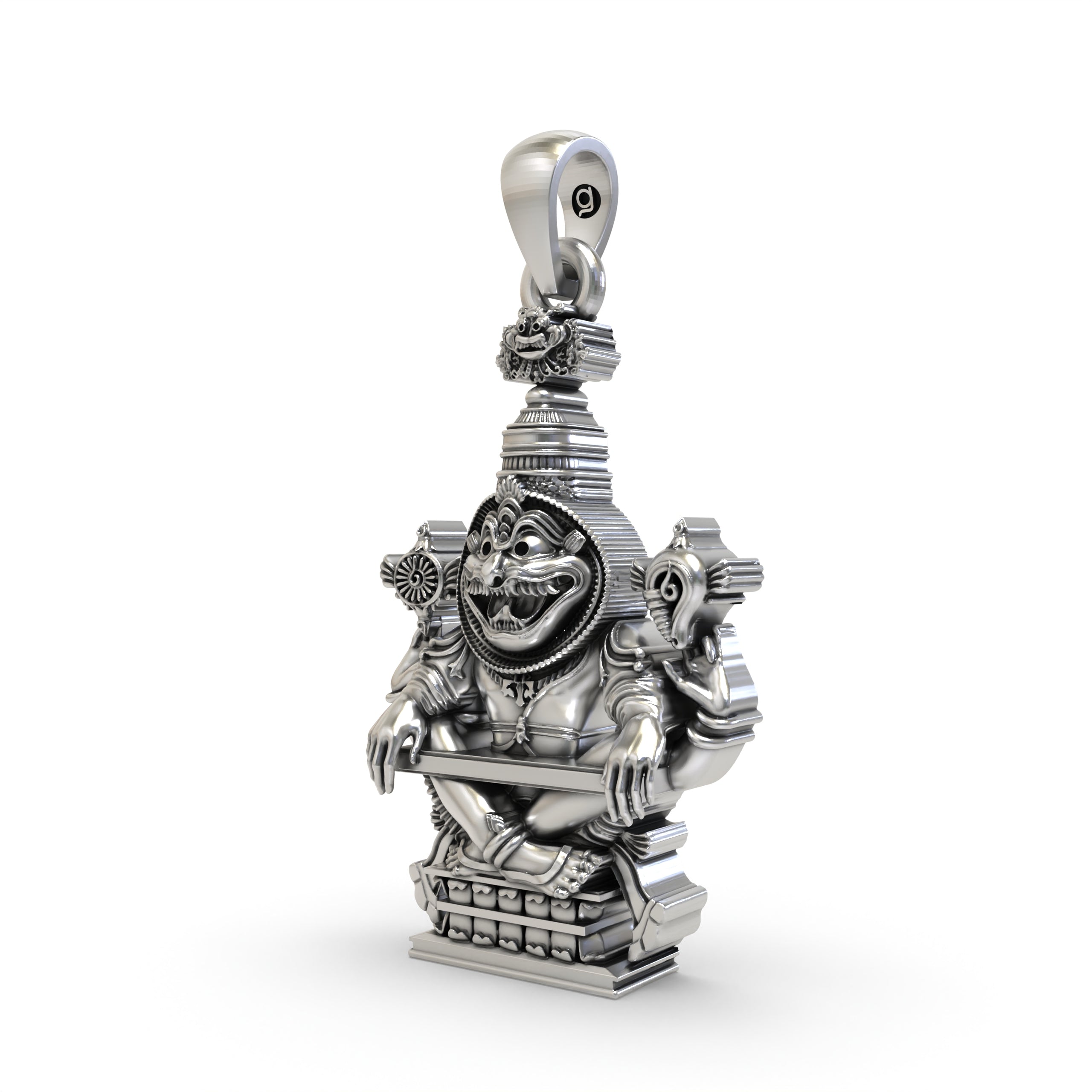 Angled perspective of the 925 silver ISKCON Narasimha pendant, showing the depth of the sacred mantra engraving.