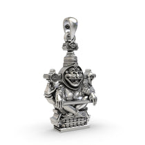 Close-up of the fierce Lord Narasimha face on the sterling silver protection pendant, highlighting the oxidized finish.