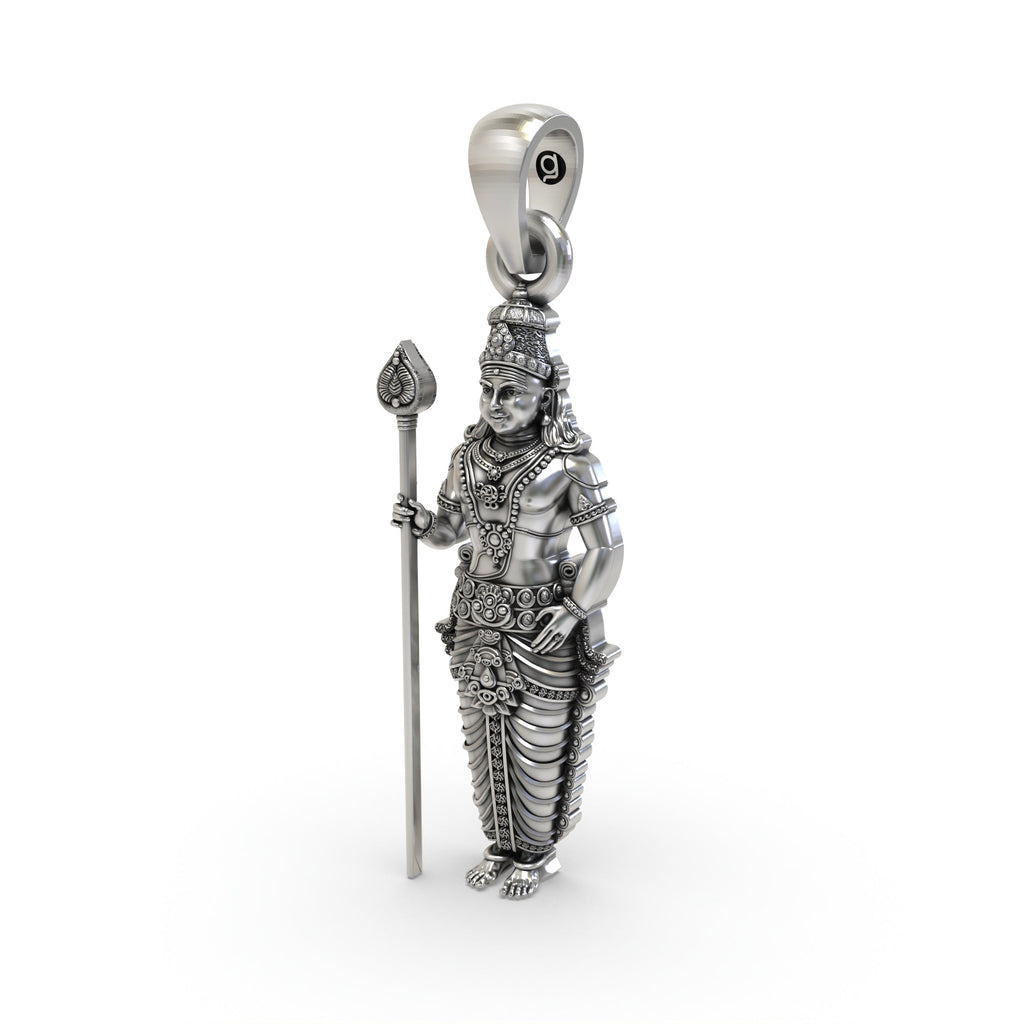 The 925 silver Kartikeya god pendant shown with its lightweight hollow back, designed for comfortable daily wear.