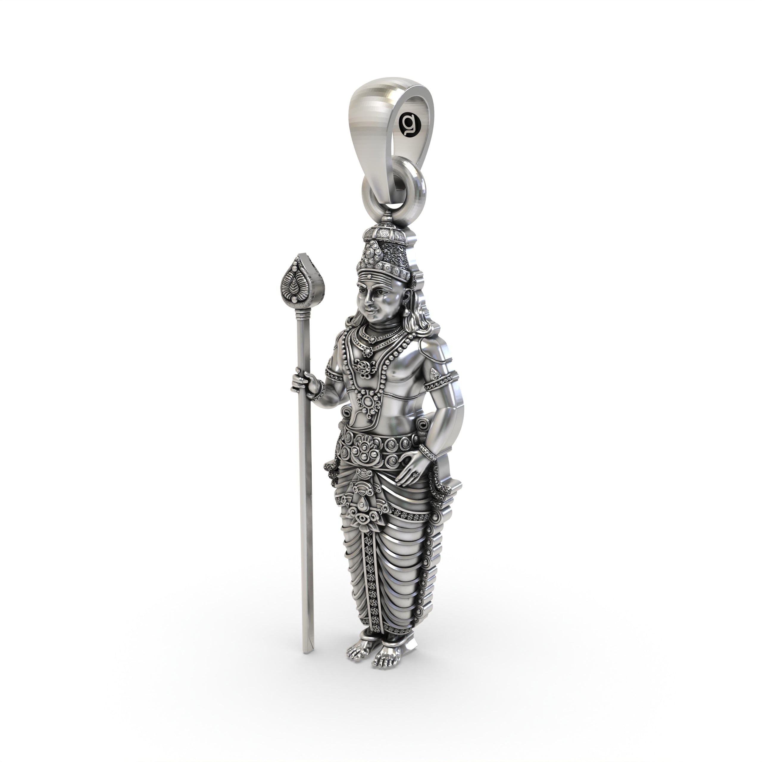 The 925 silver Kartikeya god pendant shown with its lightweight hollow back, designed for comfortable daily wear.