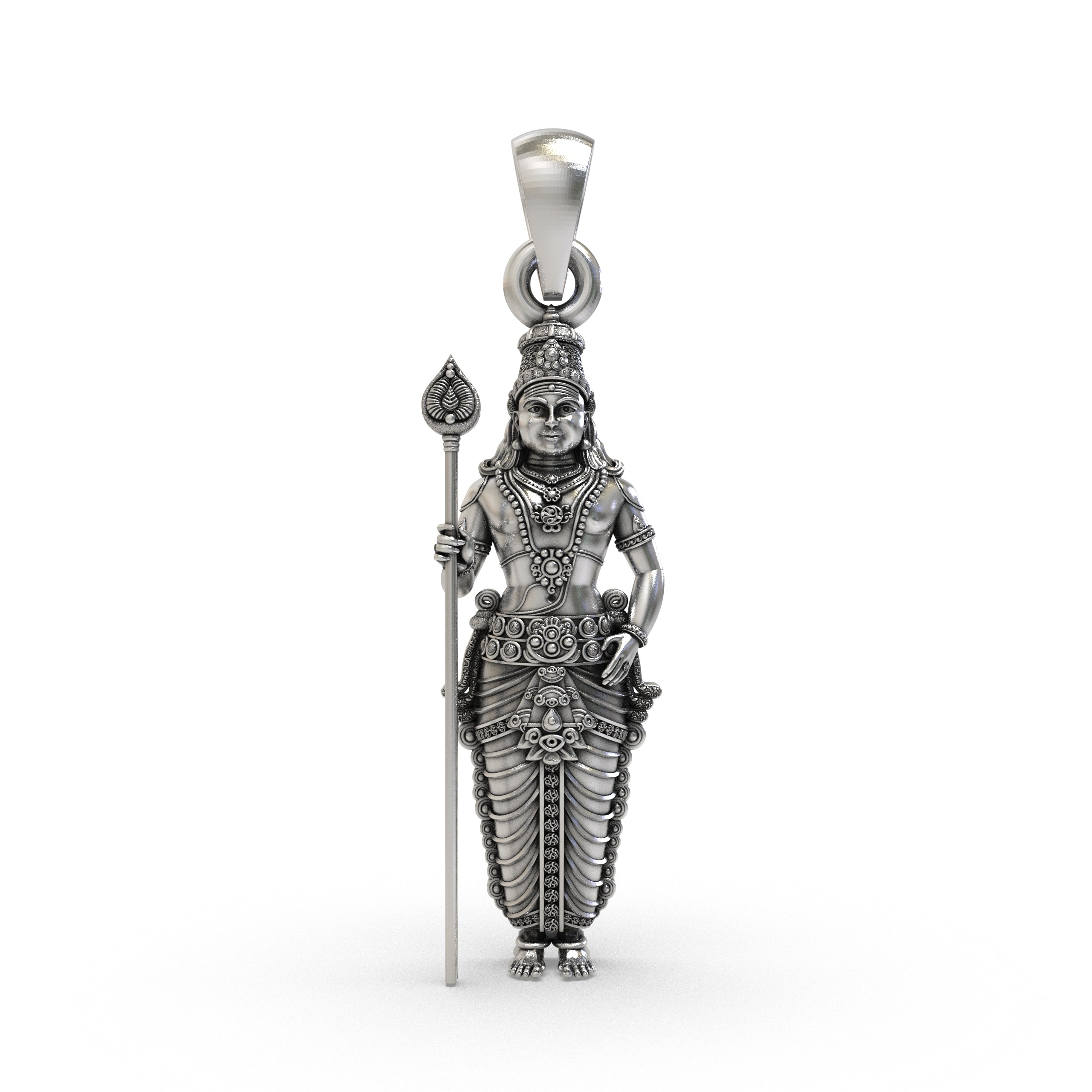 Oxidized 925 silver Kartikeya pendant showing Lord Murugan holding his divine spear, viewed from the front. Main image