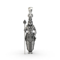 Oxidized 925 silver Kartikeya pendant showing Lord Murugan holding his divine spear, viewed from the front.