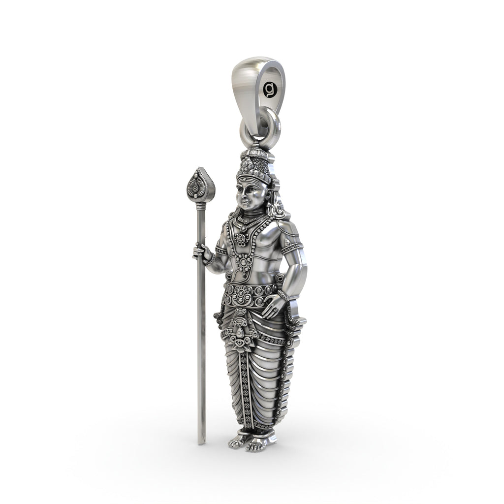 Angled profile view of the 925 sterling silver Murugan god pendant, highlighting its intricate, detailed craftsmanship.