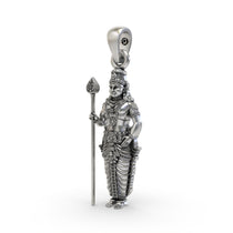 Angled profile view of the 925 sterling silver Murugan god pendant, highlighting its intricate, detailed craftsmanship.