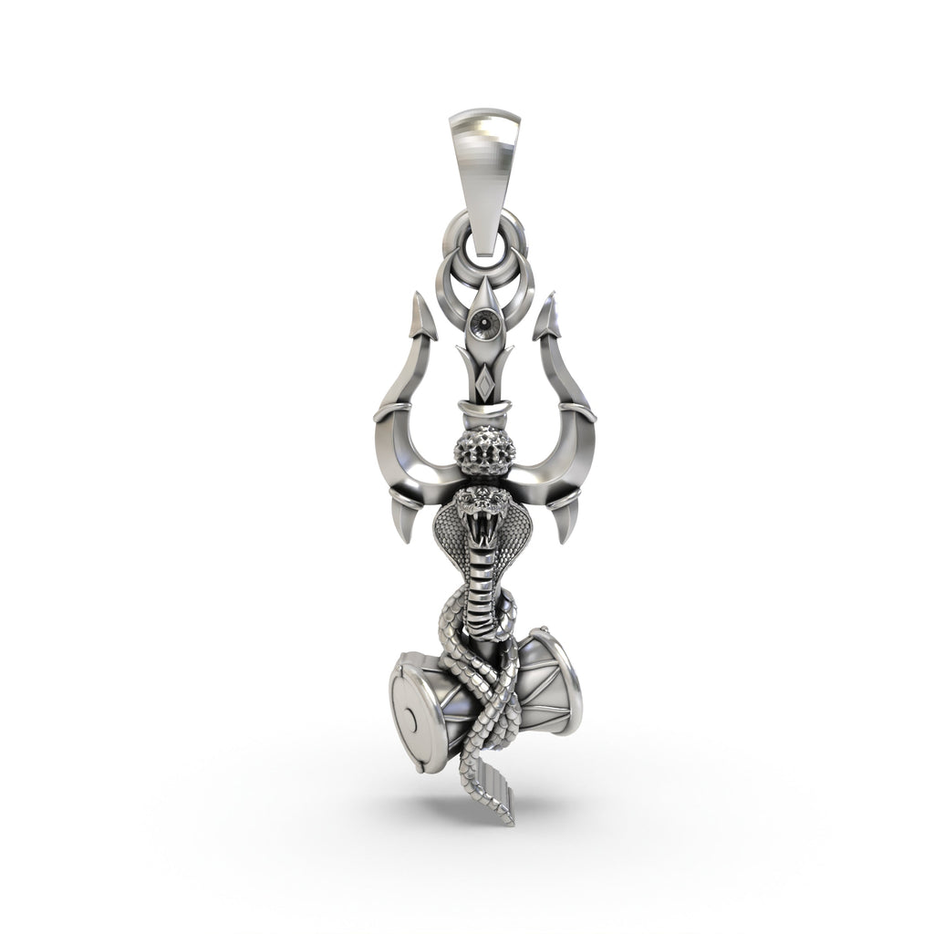 Front view of the 925 silver Trishul pendant featuring an oxidized finish with a detailed Damru and coiled snake.