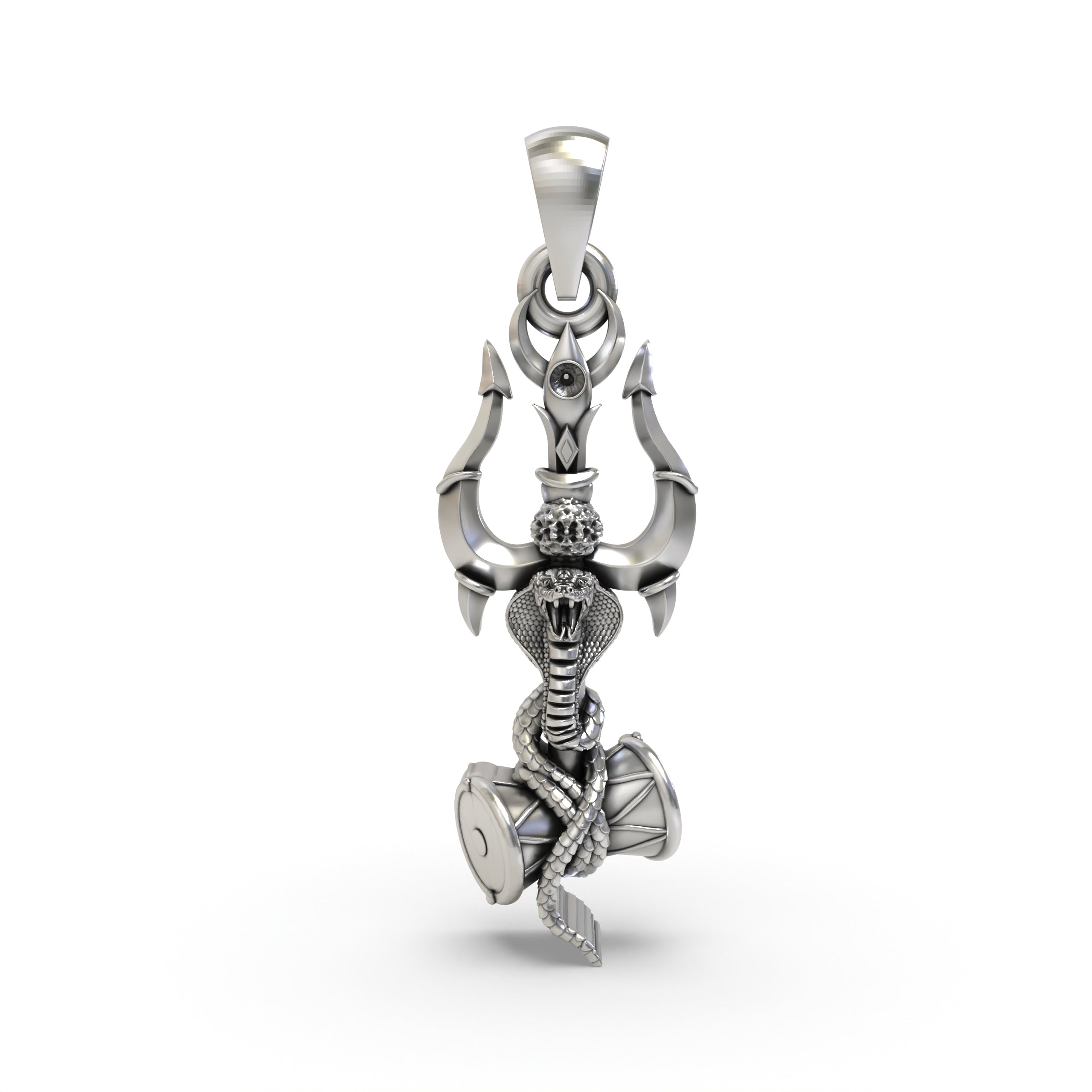 Front view of the 925 silver Trishul pendant featuring an oxidized finish with a detailed Damru and coiled snake.
