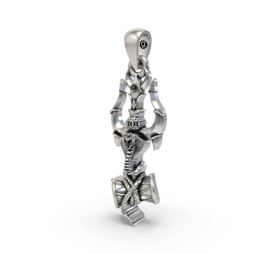 Angled profile of the spiritual 925 silver Trishul Damru pendant, showing its hollow back design for comfort.