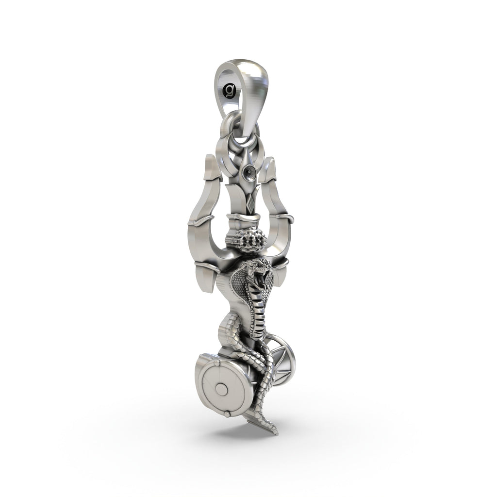 Close-up detail of the handcrafted 925 silver Trishul pendant, highlighting the intricate snake and Damru symbols.