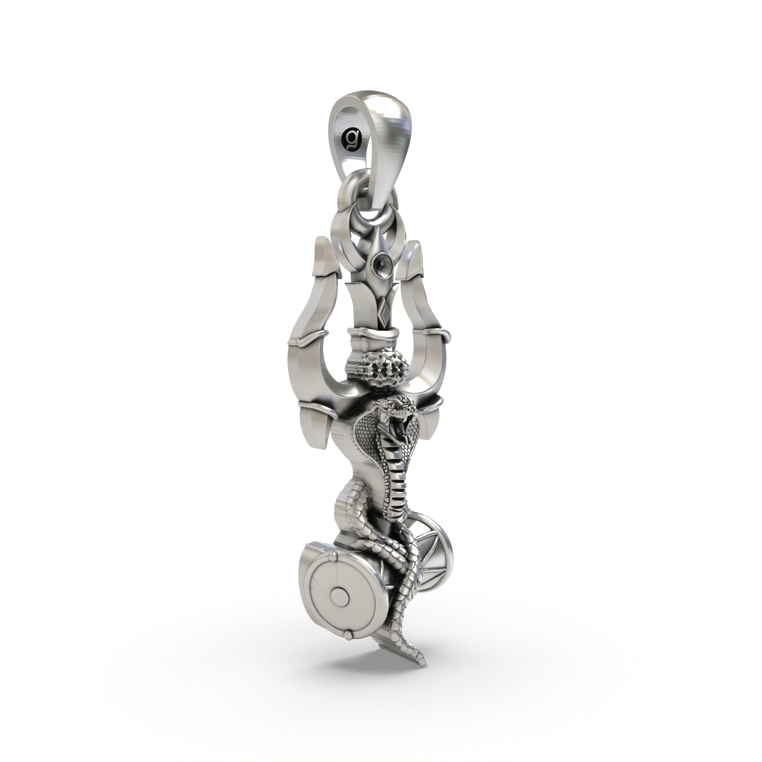 Close-up detail of the handcrafted 925 silver Trishul pendant, highlighting the intricate snake and Damru symbols.