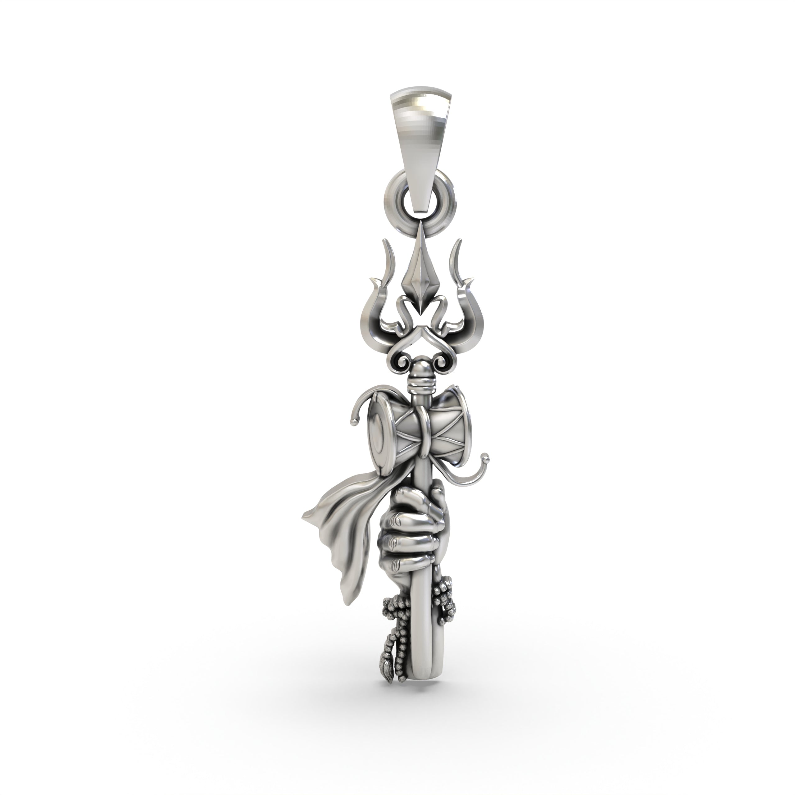 Front view of the 925 silver Trishul pendant with a Shiva Hand symbol, showcasing its detailed oxidized finish.