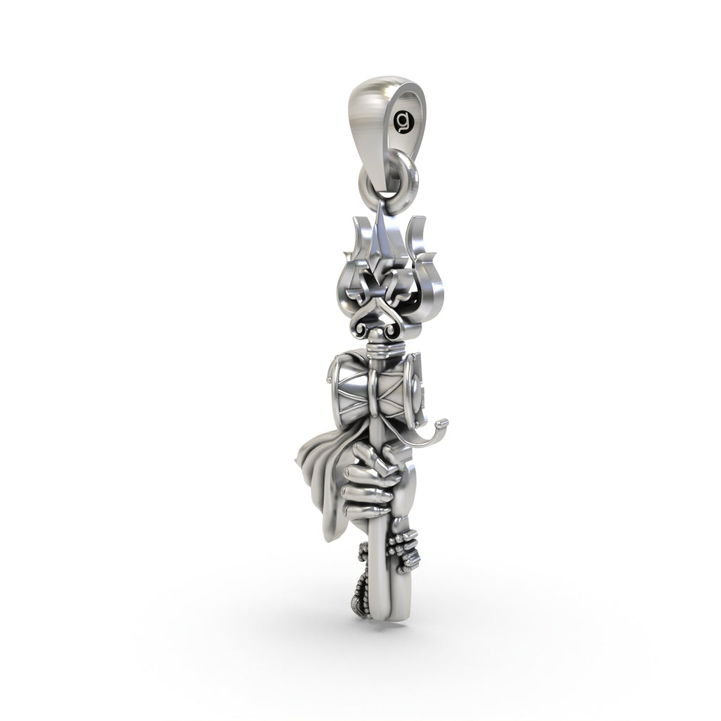 A detailed close-up of the handcrafted sterling silver Shiva Hand and Trishul pendant, highlighting its spiritual design.