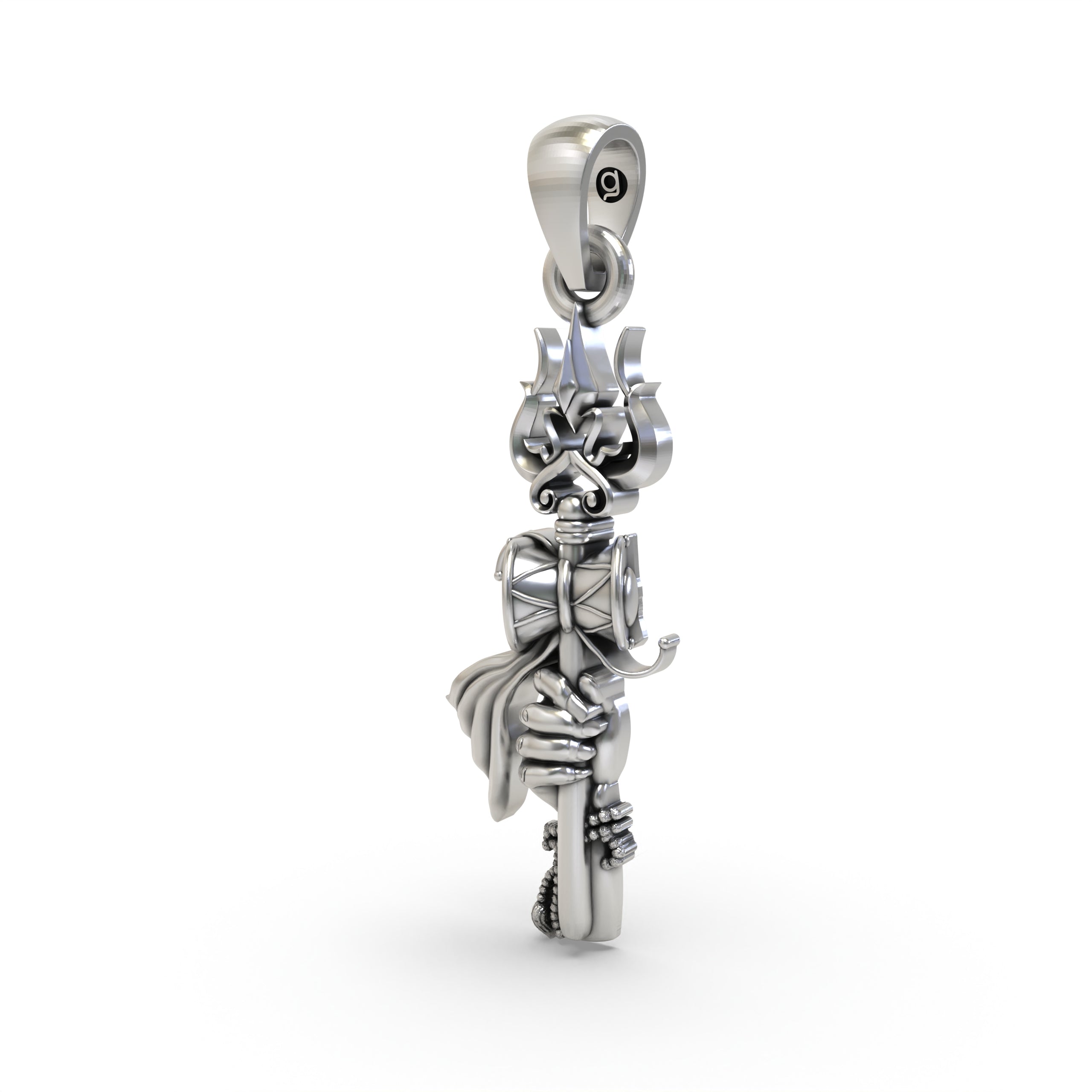 A detailed close-up of the handcrafted sterling silver Shiva Hand and Trishul pendant, highlighting its spiritual design.