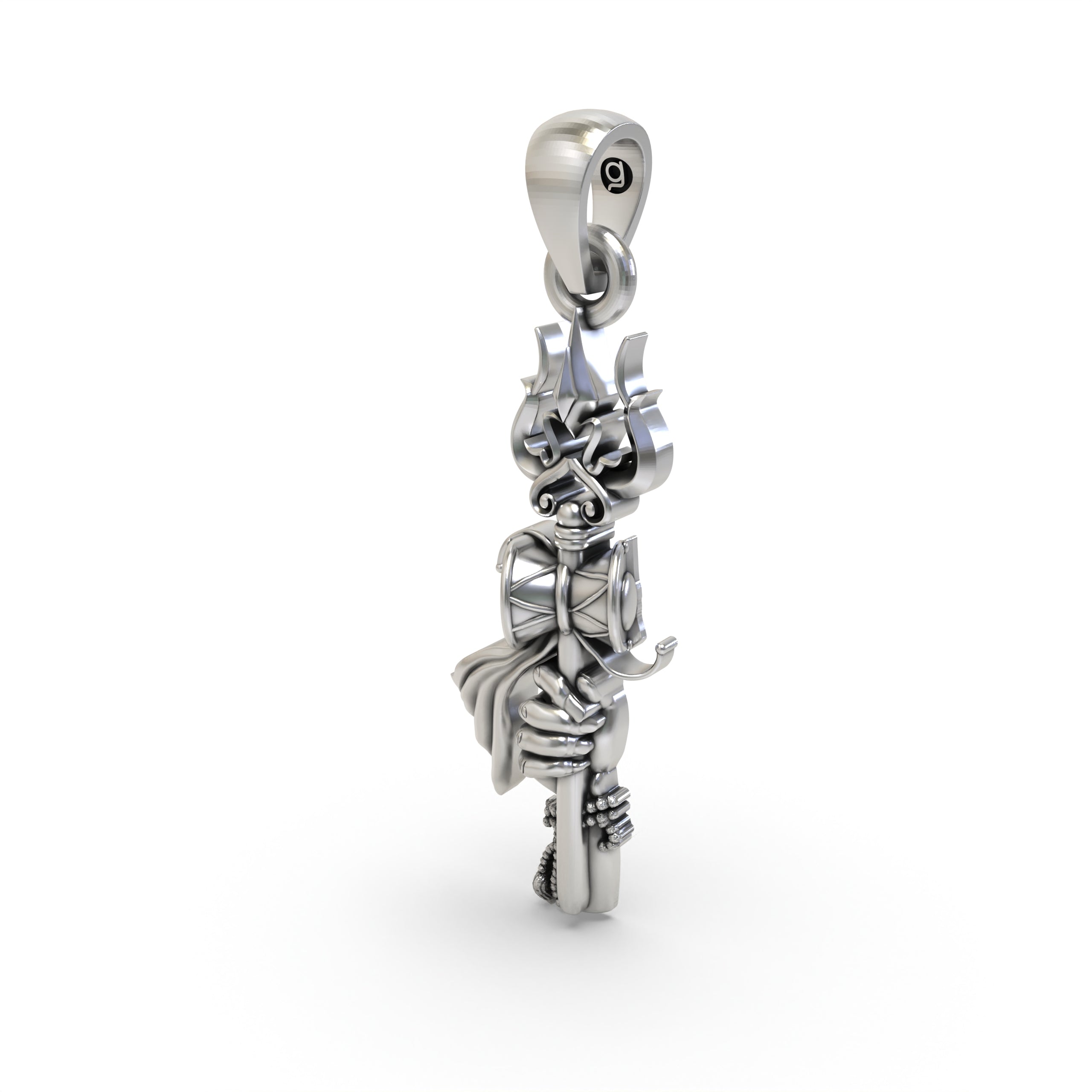 Alankar's 925 silver Trishul and Shiva Hand pendant for divine protection, worn on a chain to show its size and style.