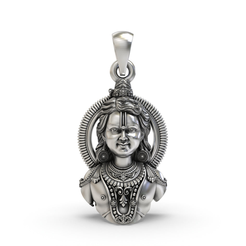 Front view of the 925 silver Ayodhya Ram Lala face pendant showing its detailed craftsmanship and serene expression.