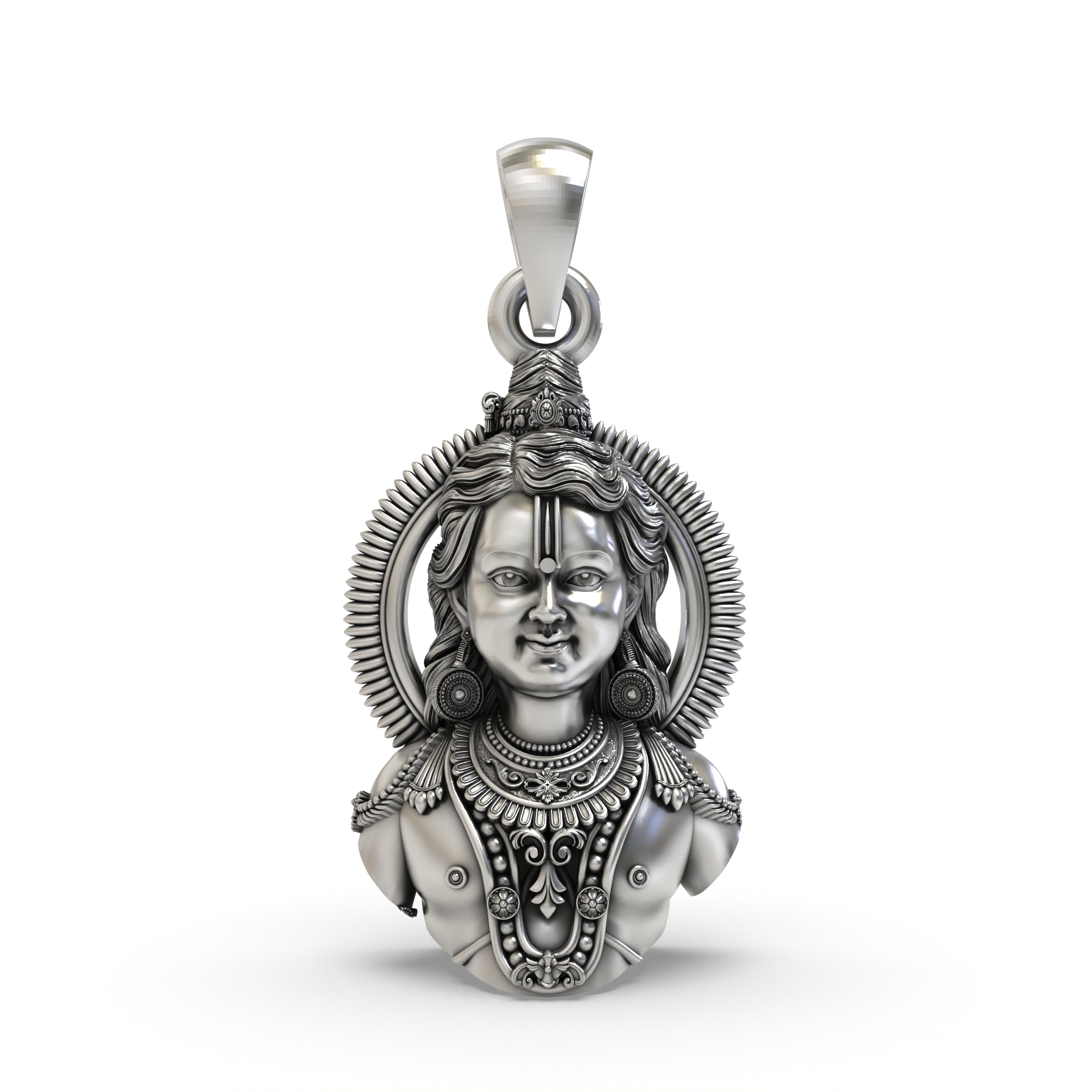 Front view of the 925 silver Ayodhya Ram Lala face pendant showing its detailed craftsmanship and serene expression.