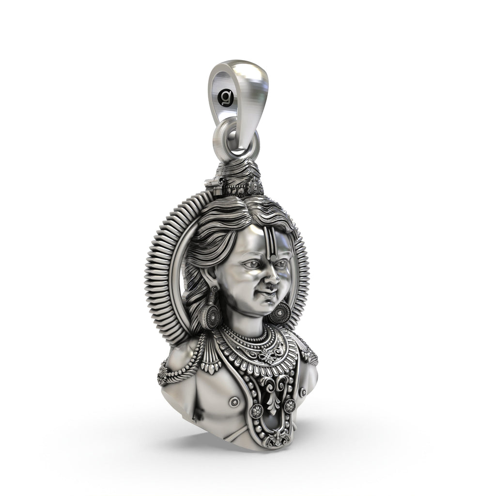 Detailed close-up of the Ram Lala face pendant in 925 sterling silver, showcasing its intricate antique finish.