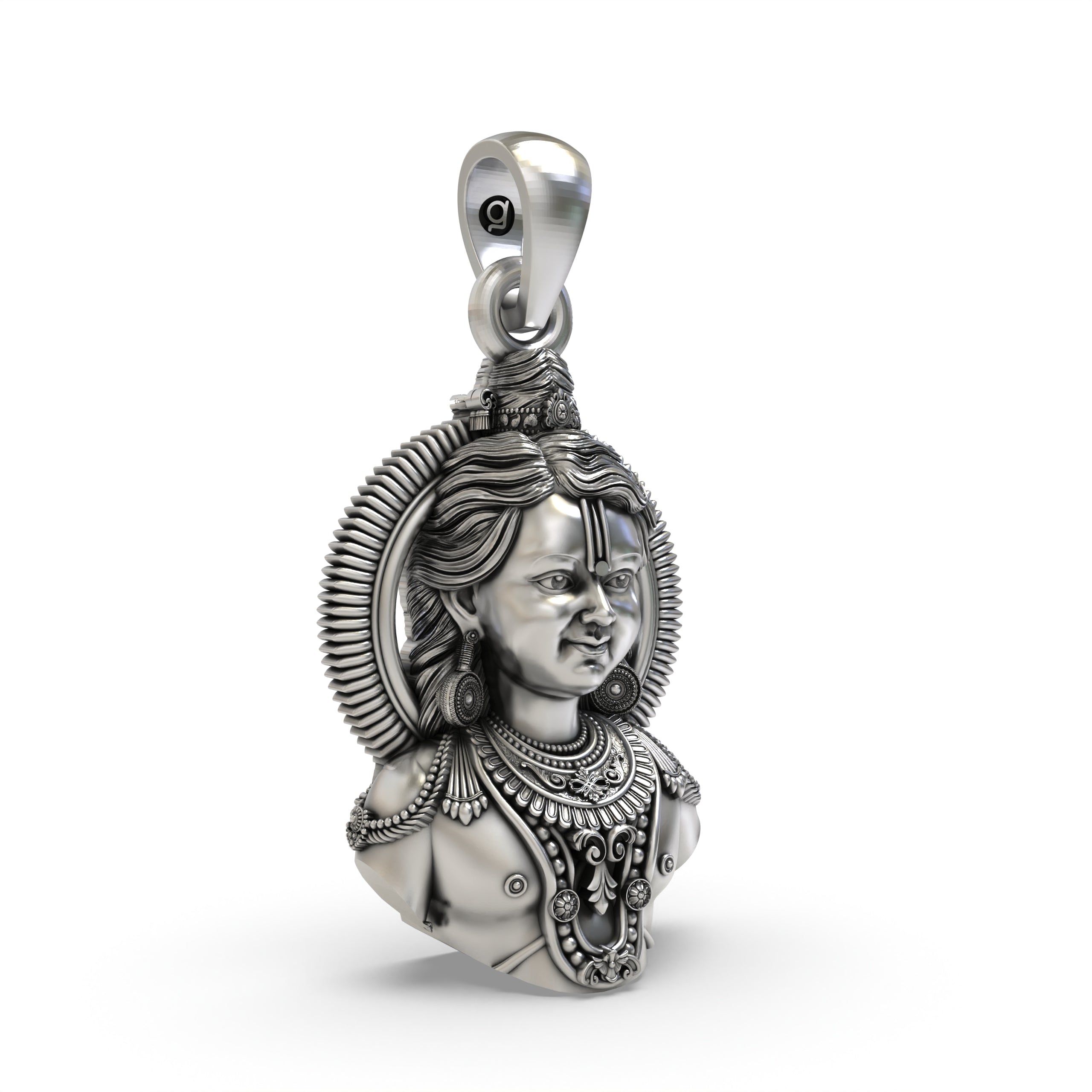 Detailed close-up of the Ram Lala face pendant in 925 sterling silver, showcasing its intricate antique finish.