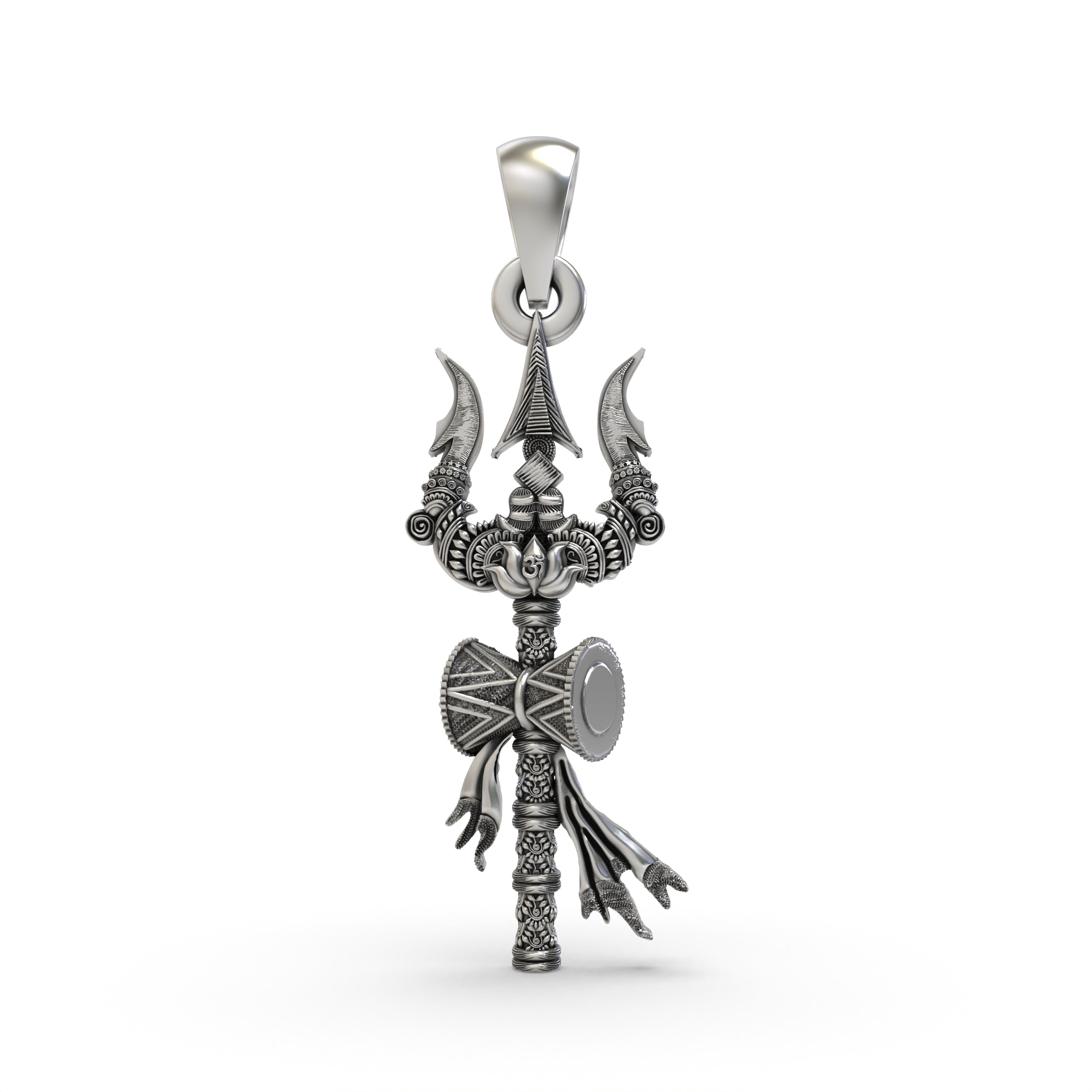 A detailed front view of the 925 silver Trishul pendant, showcasing its oxidized finish and intricate design for devotees. Main image