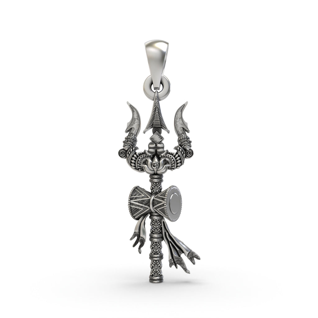 A detailed front view of the 925 silver Trishul pendant, showcasing its oxidized finish and intricate design for devotees.