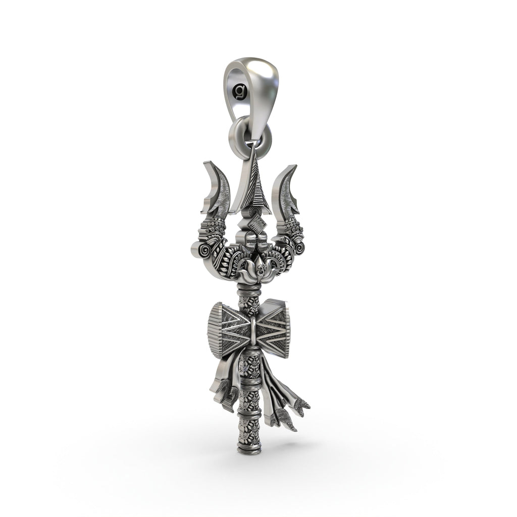 Close-up detail of the handcrafted 925 silver Trishul pendant, showing the textures of the antique oxidized finish.