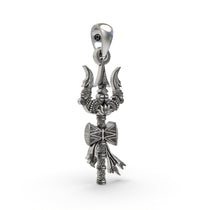 Close-up detail of the handcrafted 925 silver Trishul pendant, showing the textures of the antique oxidized finish.
