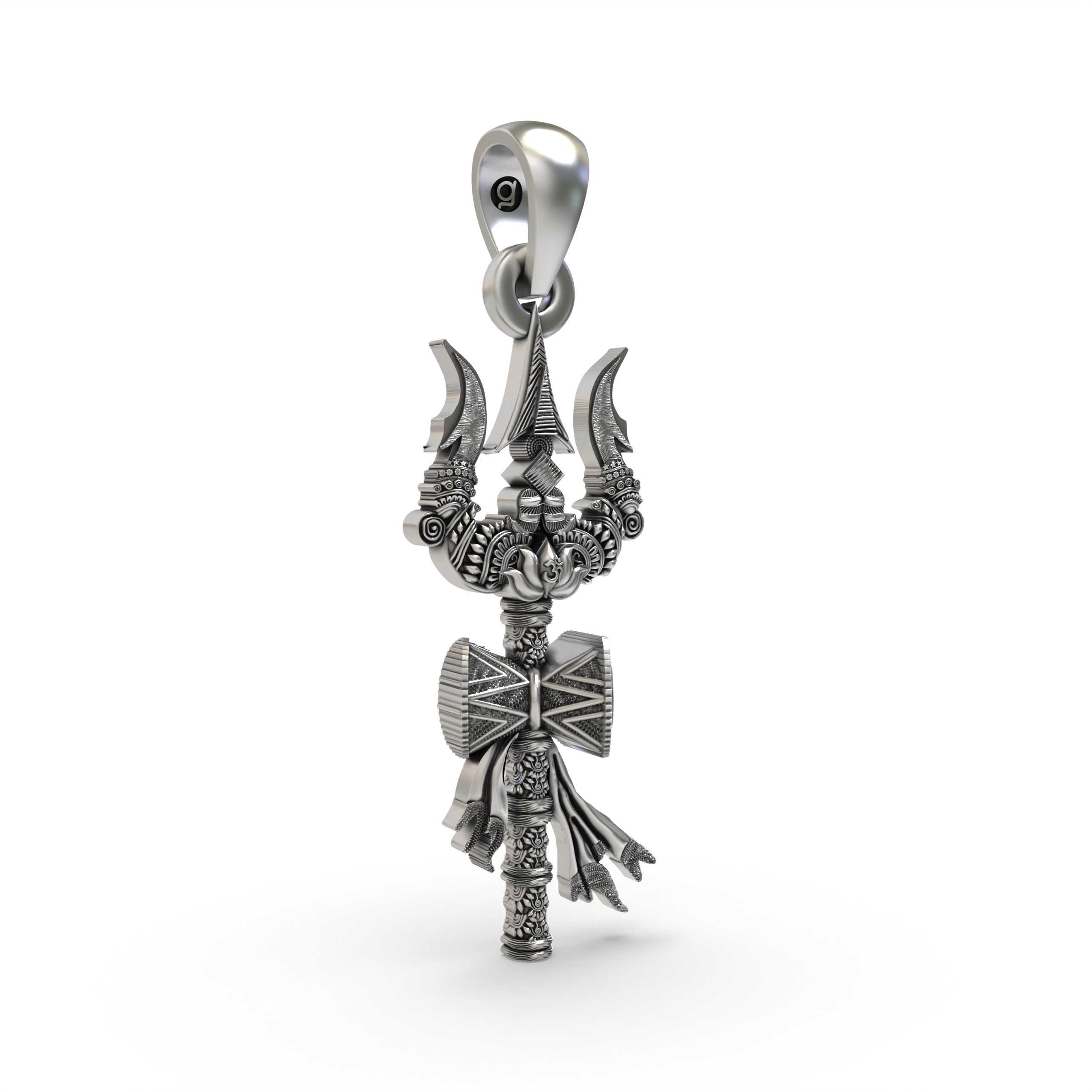 Close-up detail of the handcrafted 925 silver Trishul pendant, showing the textures of the antique oxidized finish.