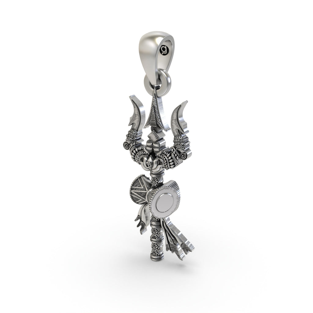 The 50mm tall 925 silver Trishul pendant for scale, displaying its powerful presence as a spiritual necklace for protection.