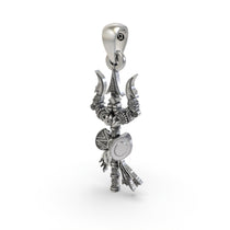 The 50mm tall 925 silver Trishul pendant for scale, displaying its powerful presence as a spiritual necklace for protection.