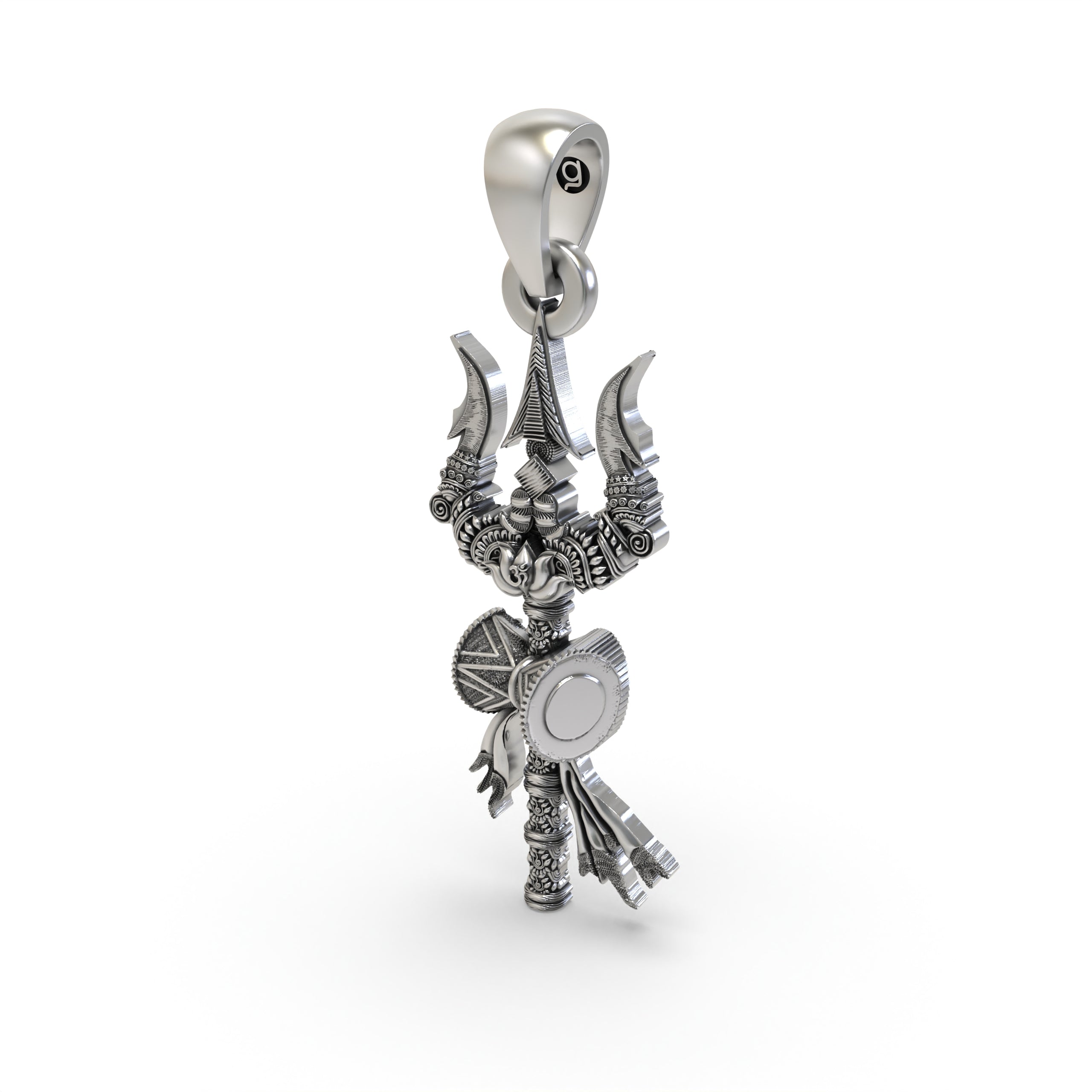 The 50mm tall 925 silver Trishul pendant for scale, displaying its powerful presence as a spiritual necklace for protection.