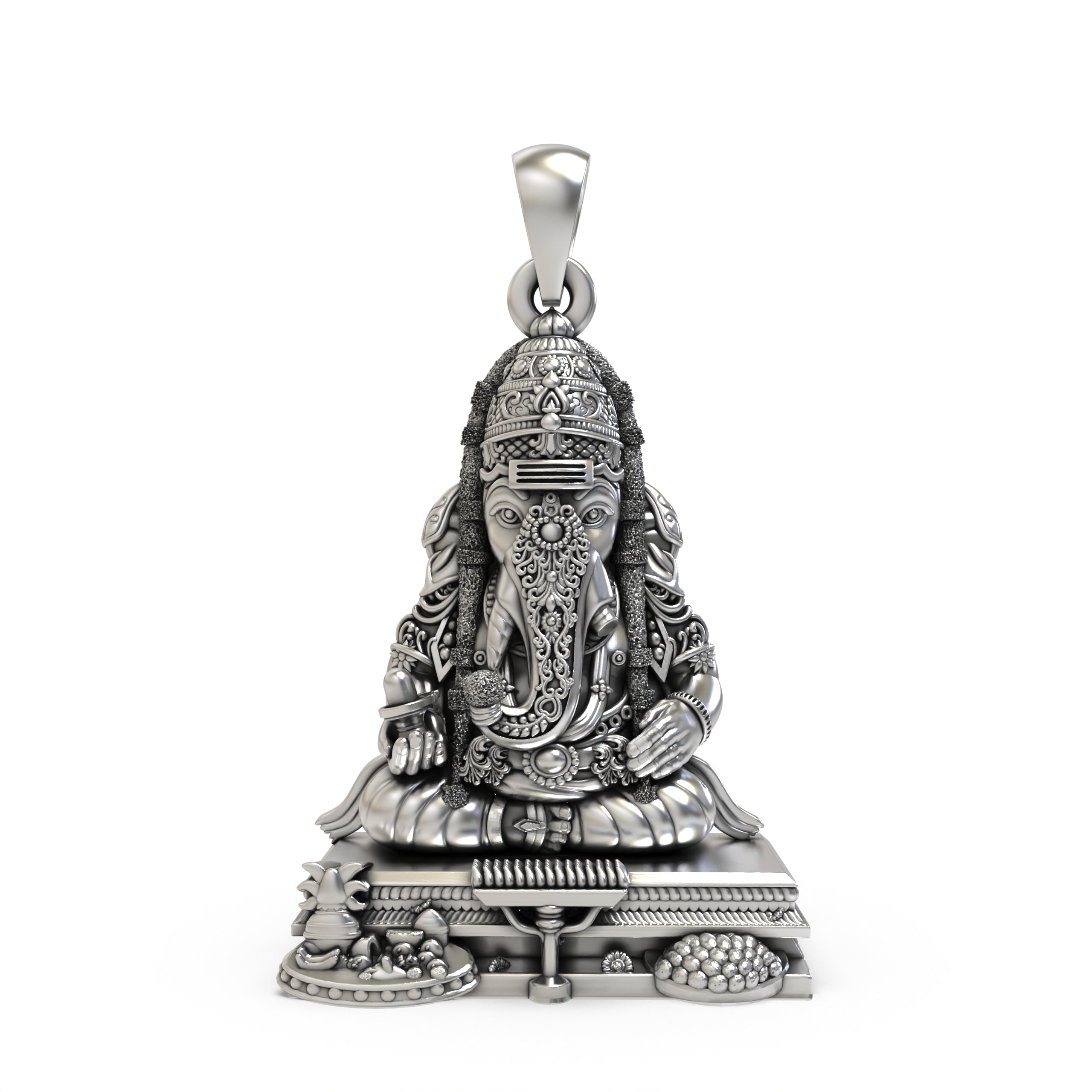 Front view of the 925 silver Pillayarpatti Karpaga Ganesha pendant, showing intricate details of the oxidized finish. Main image