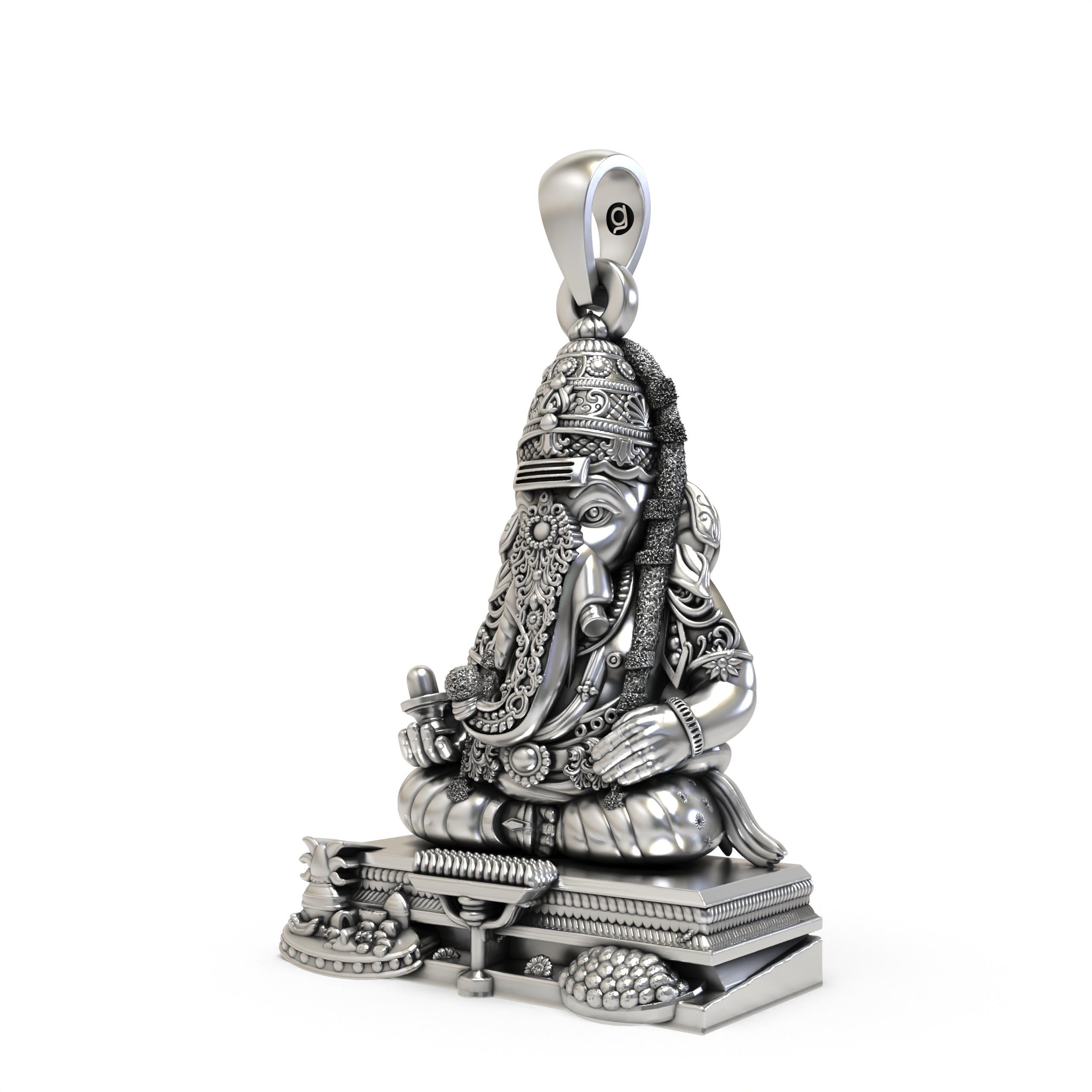 Angled side profile of the handmade Pillayarpatti Karpaga Ganesha pendant in 925 sterling silver from Alankar jewelry.