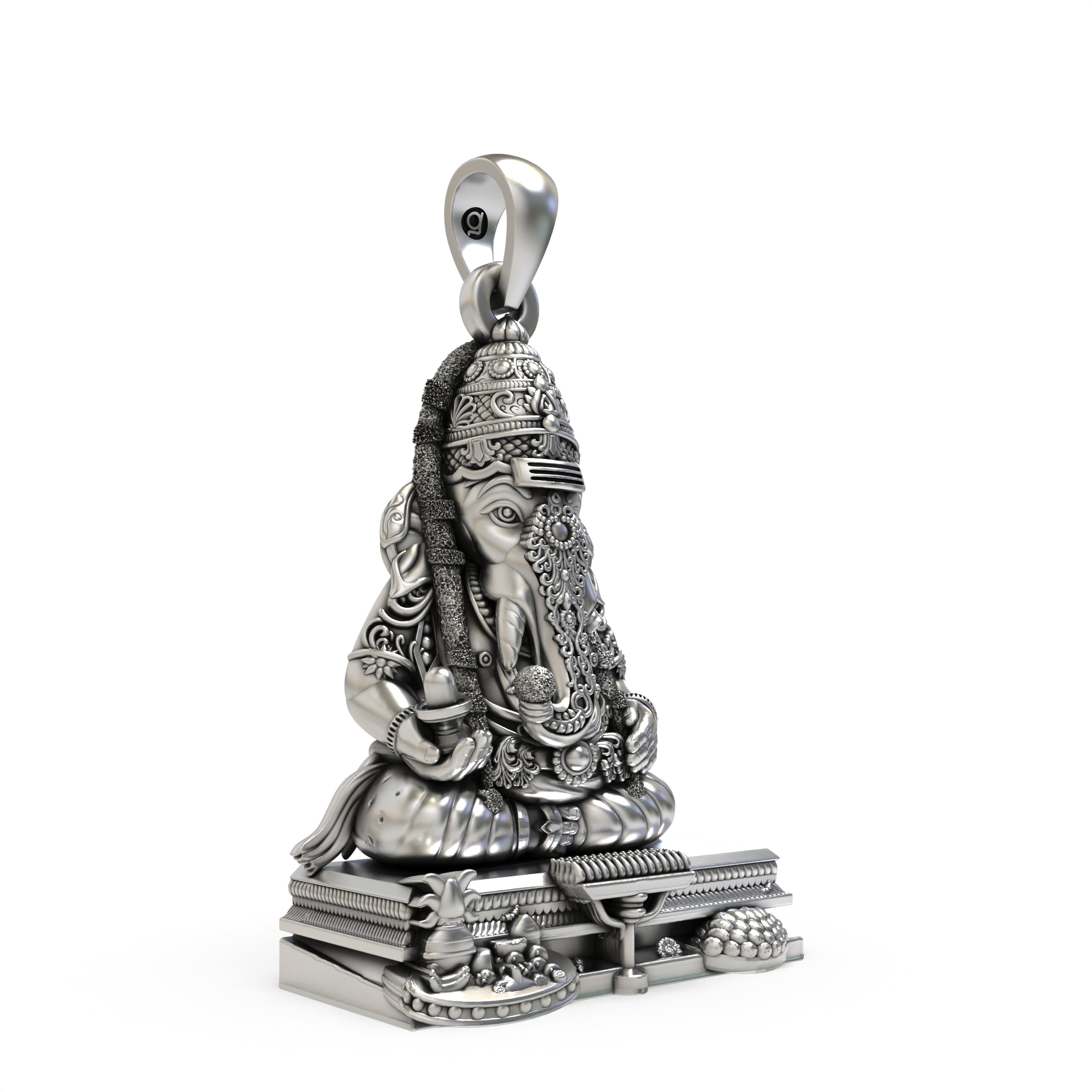 Close-up detail of the Pillayarpatti Karpaga Ganesha pendant, highlighting the antique oxidized texture on 925 silver.