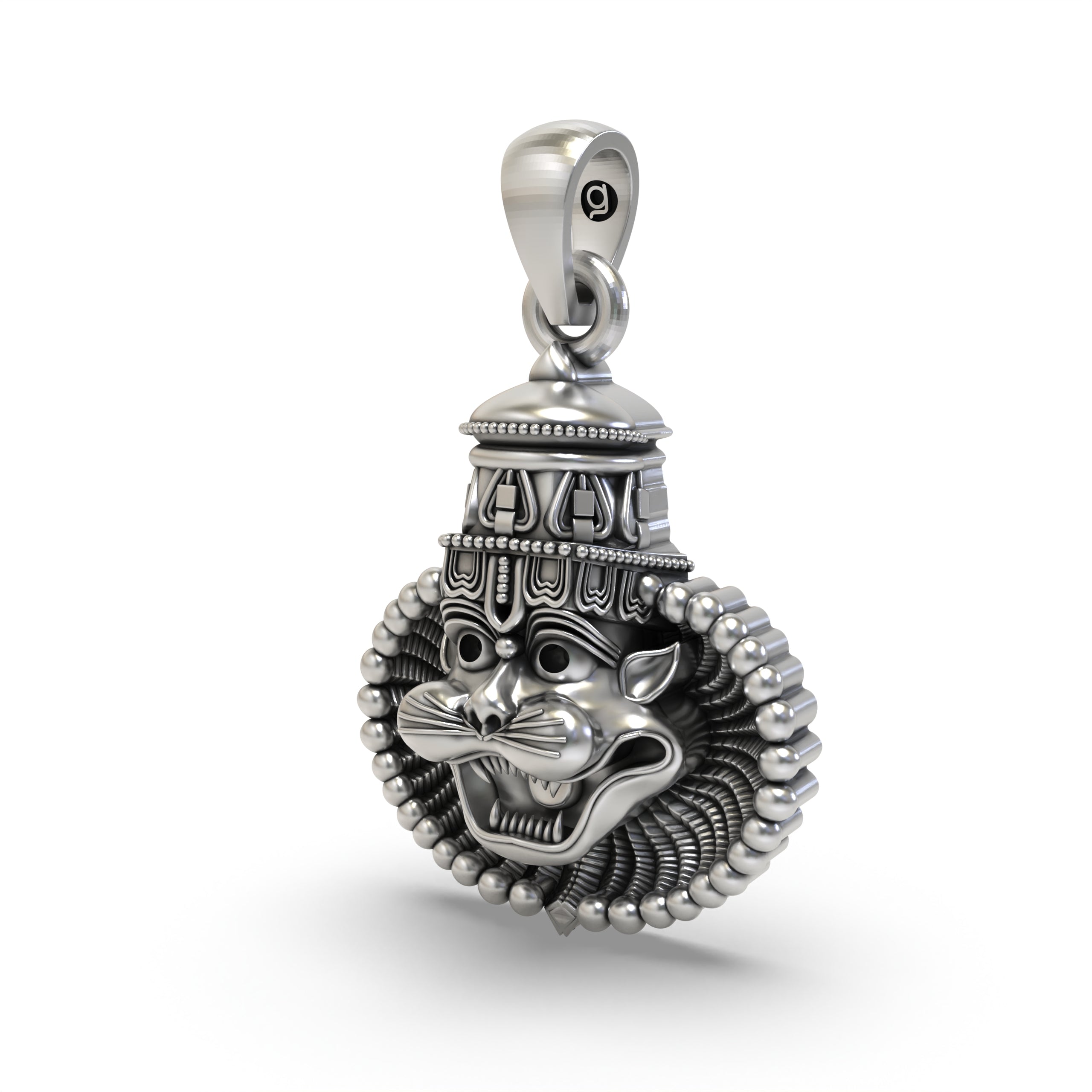 A three-quarter angle view of the oxidized 925 Silver Narasimha Face Pendant, highlighting its dimensional design and